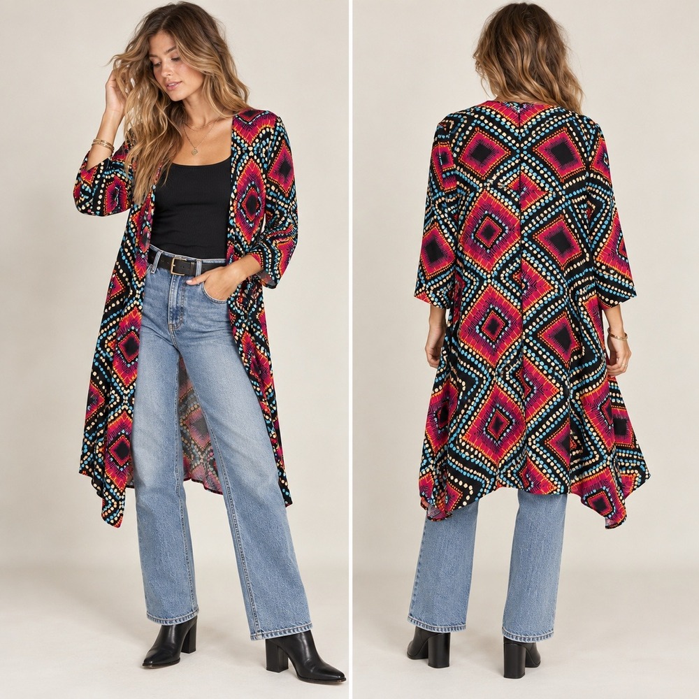 Purple Rain Geometric Print Boho Open Front Duster Cardigan S/M Festival Artsy